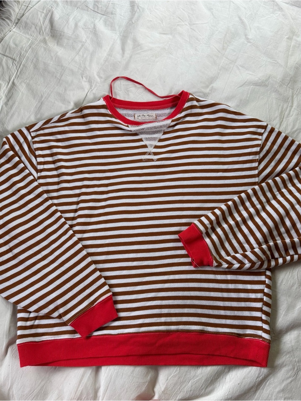 We The Free Brown & White Striped Crewneck with Red Trim XS